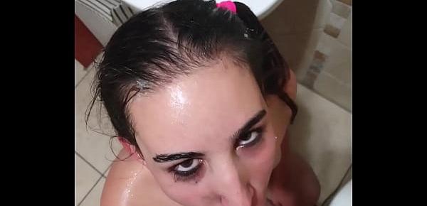  Pigtailed teen sucks dick after being pissed on and licking the toilet clean | face spitting and slapping